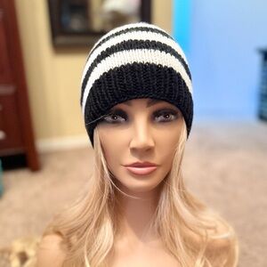 Black and White Striped Knitted Beanie Hat